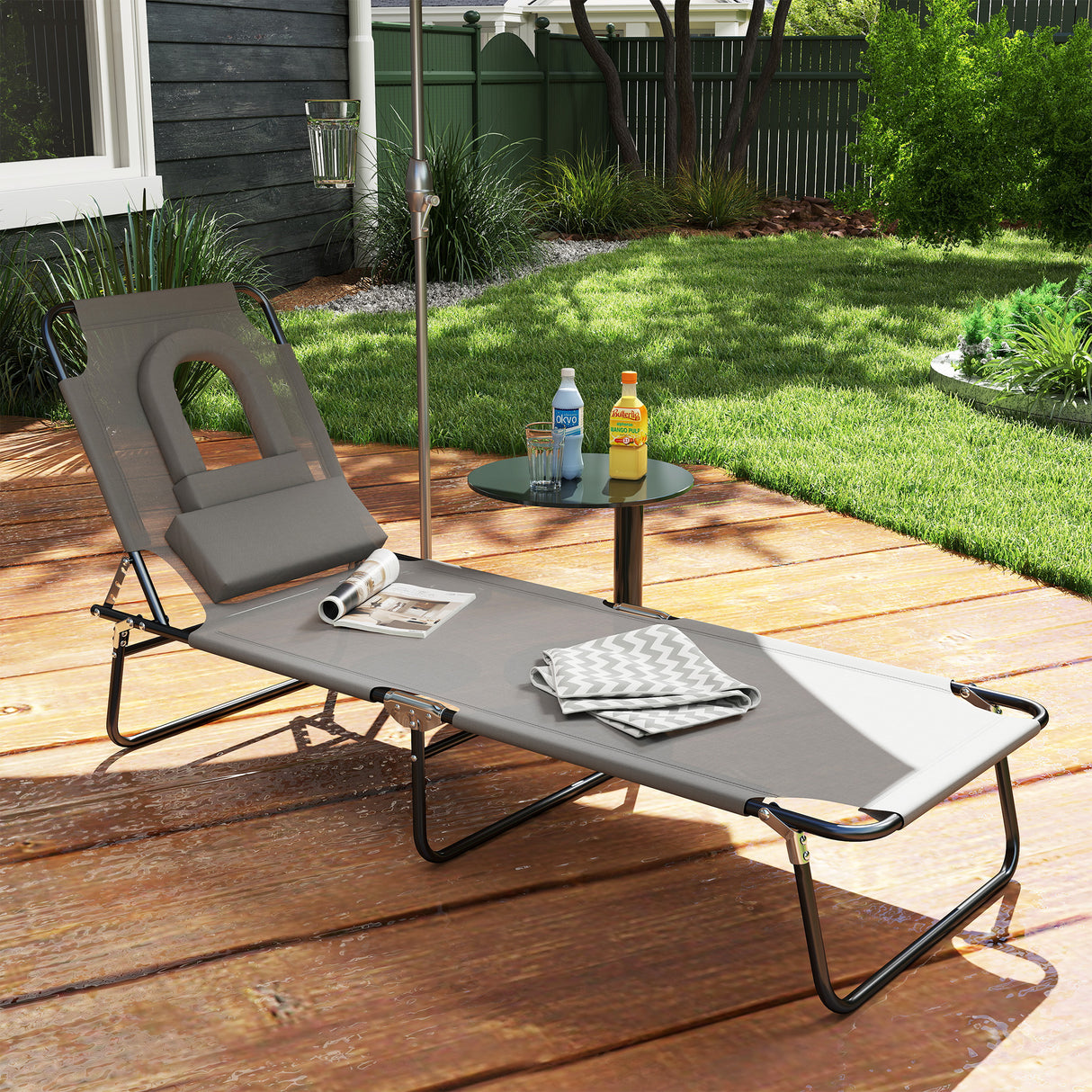 Steel Folding Sun Lounger With Face Hole And 4-Position Adjustable Backrest - Velmora