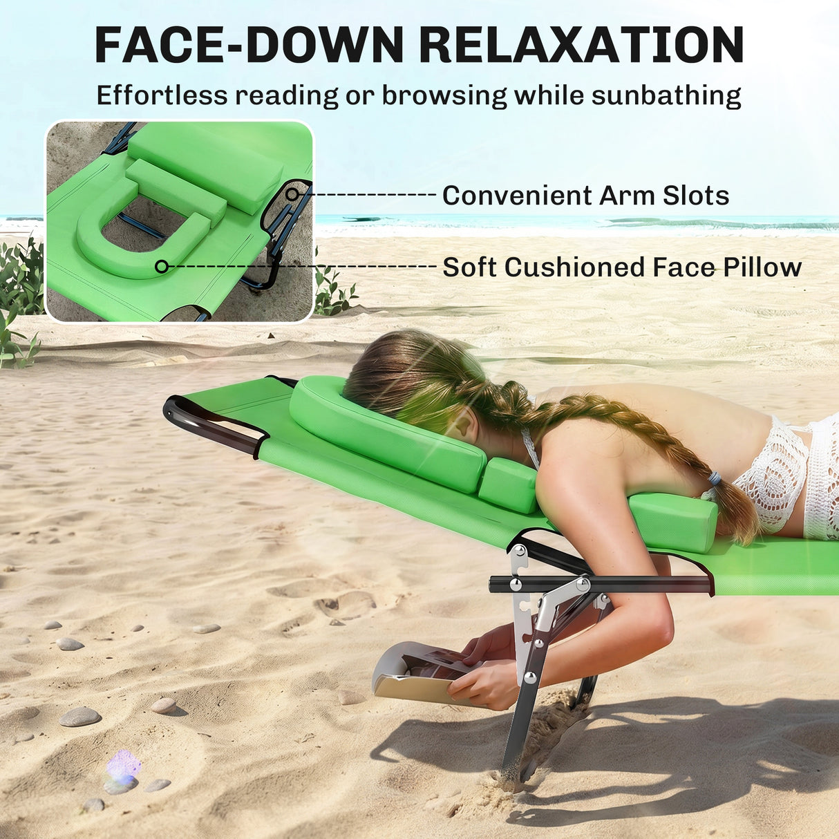 Steel Folding Sun Lounger With Face Hole And 4-Position Adjustable Backrest - Velmora