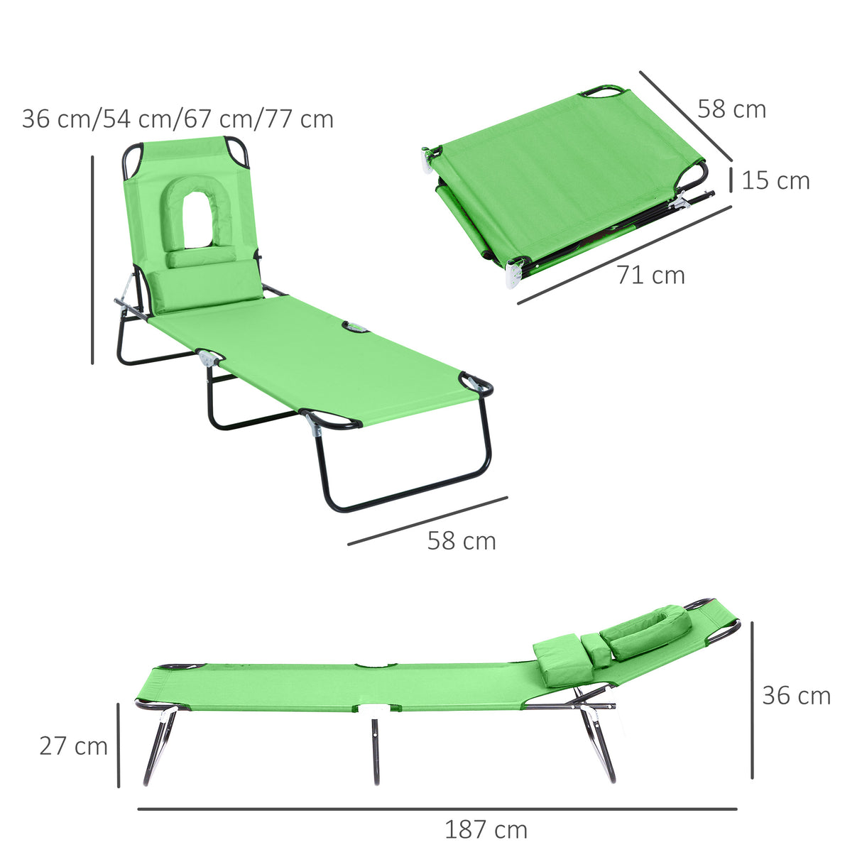 Steel Folding Sun Lounger With Face Hole And 4-Position Adjustable Backrest - Velmora