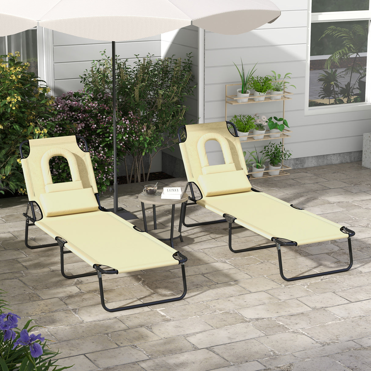 Steel Folding Sun Lounger in Set of 2 With Face Hole And 4-Position Adjustable Backrest - Velmora