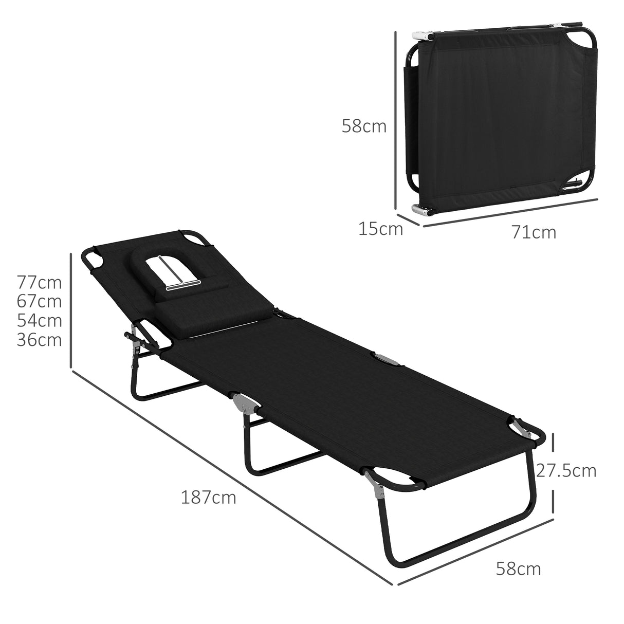 Steel Folding Sun Lounger in Set of 2 With Face Hole And 4-Position Adjustable Backrest - Velmora