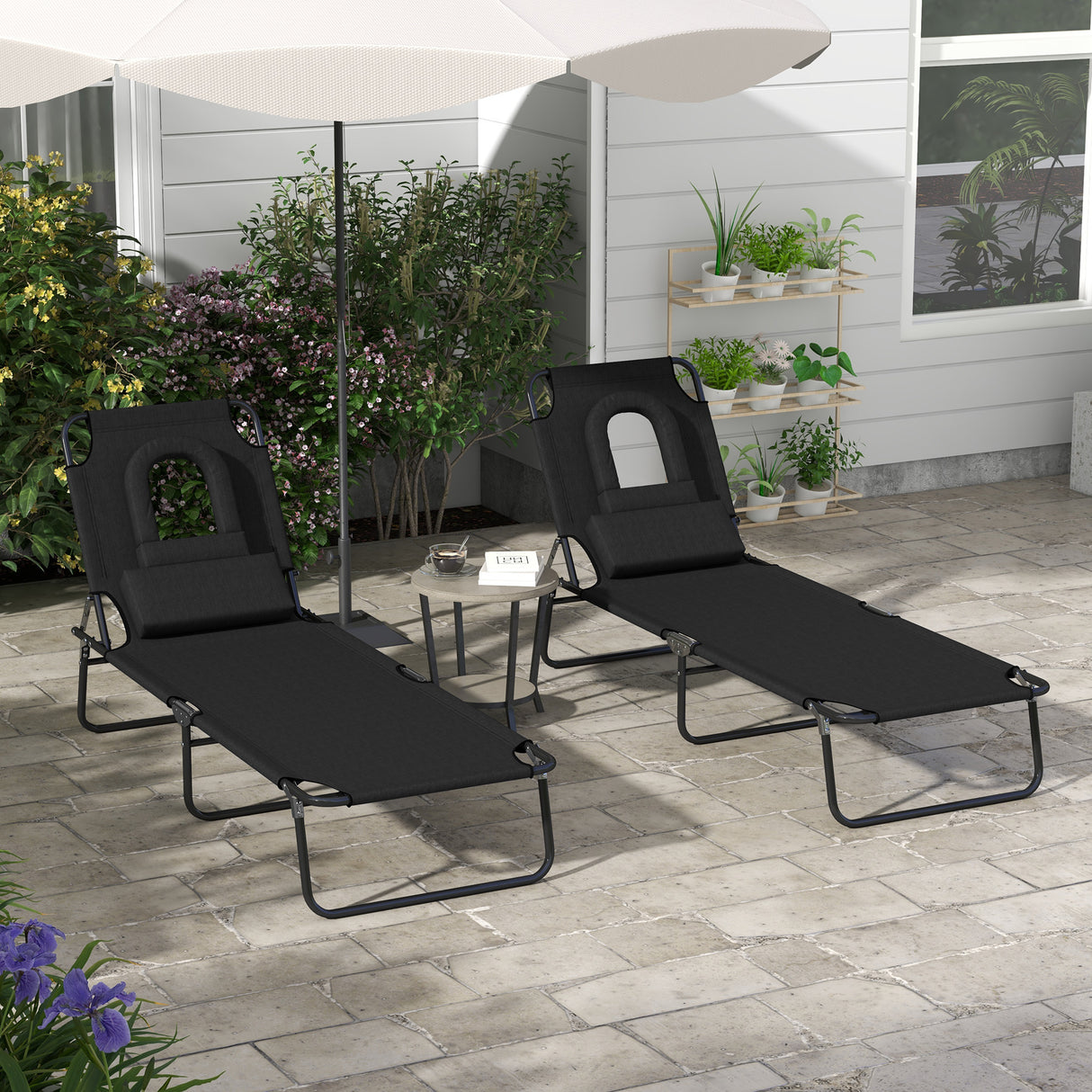 Steel Folding Sun Lounger in Set of 2 With Face Hole And 4-Position Adjustable Backrest - Velmora
