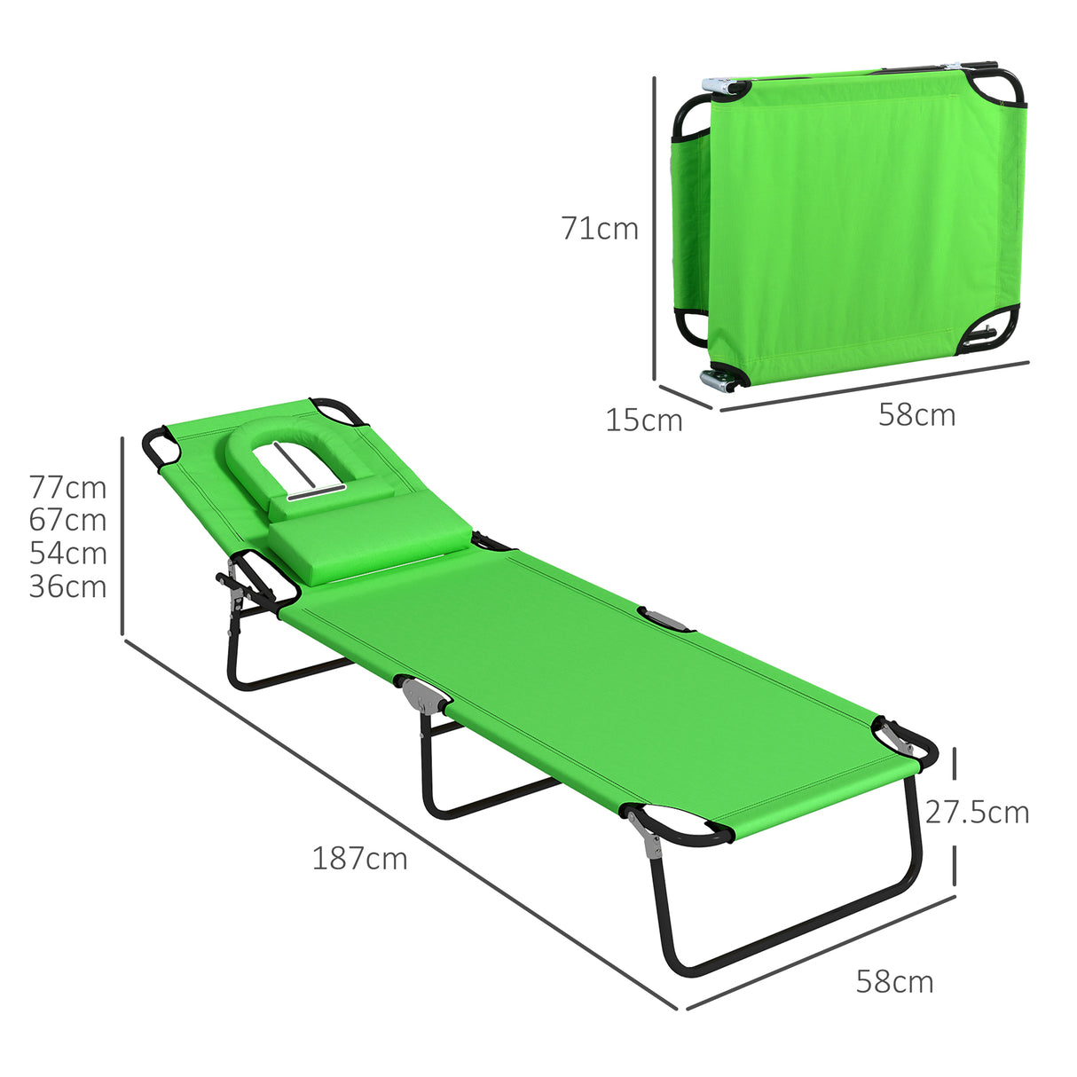 Steel Folding Sun Lounger in Set of 2 With Face Hole And 4-Position Adjustable Backrest - Velmora