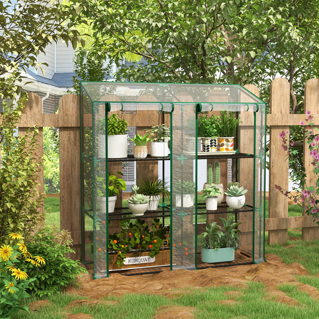 Steel Frame Garden Greenhouse 143cm Wide With 6 Shelves - Velmora