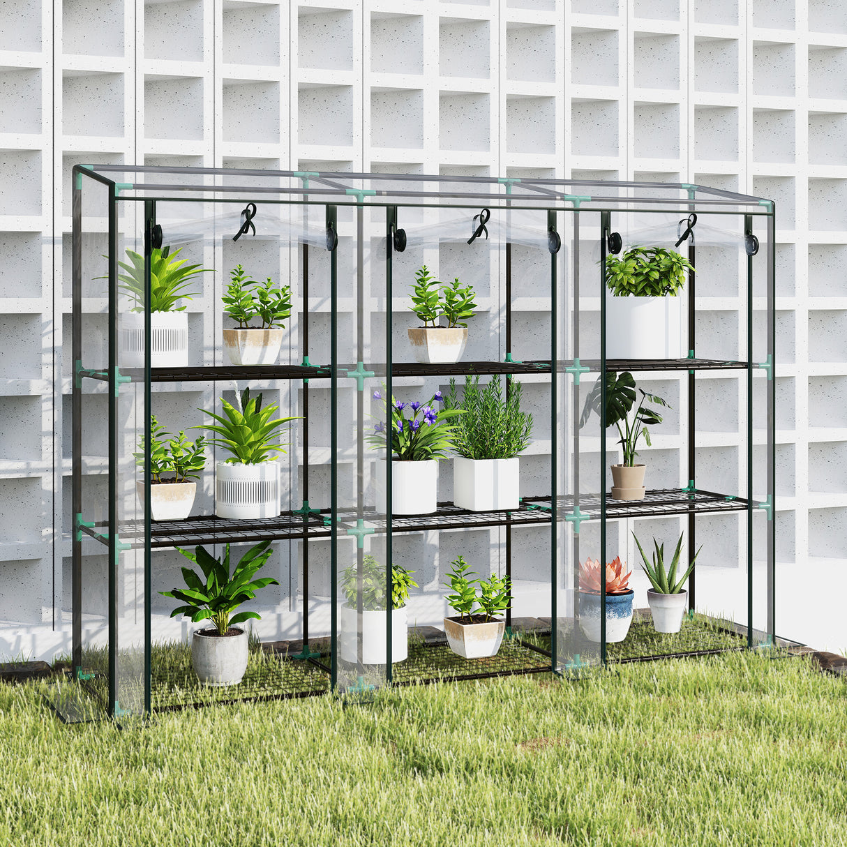 Steel Frame Garden Greenhouse 215cm Wide With 9 Shelves - Velmora