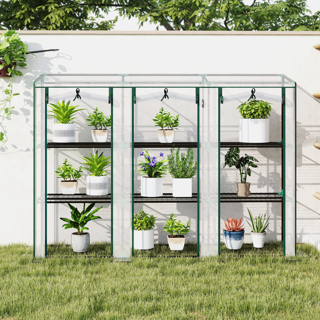 Steel Frame Garden Greenhouse 215cm Wide With 9 Shelves - Velmora