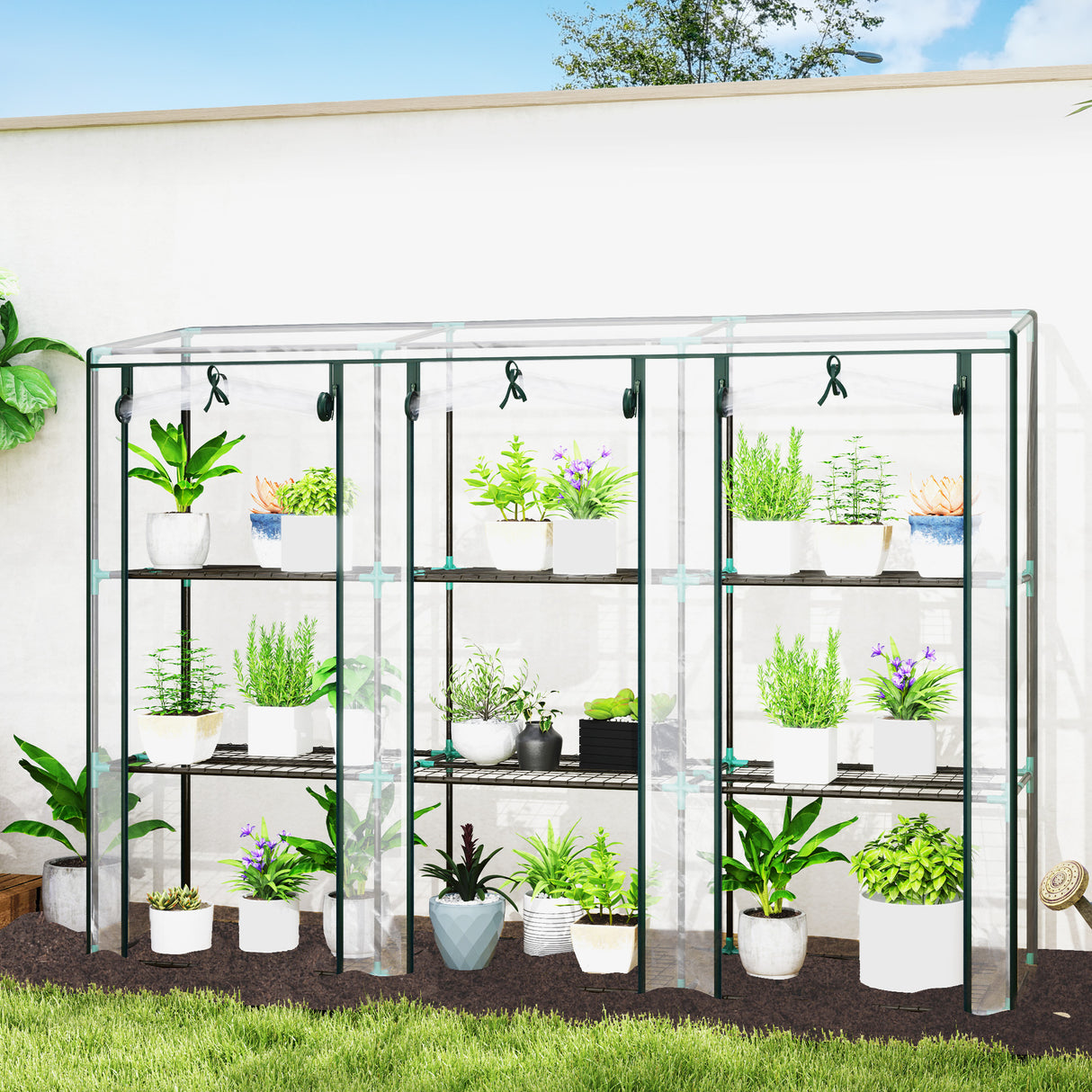 Steel Frame Garden Greenhouse 215cm Wide With 9 Shelves - Velmora