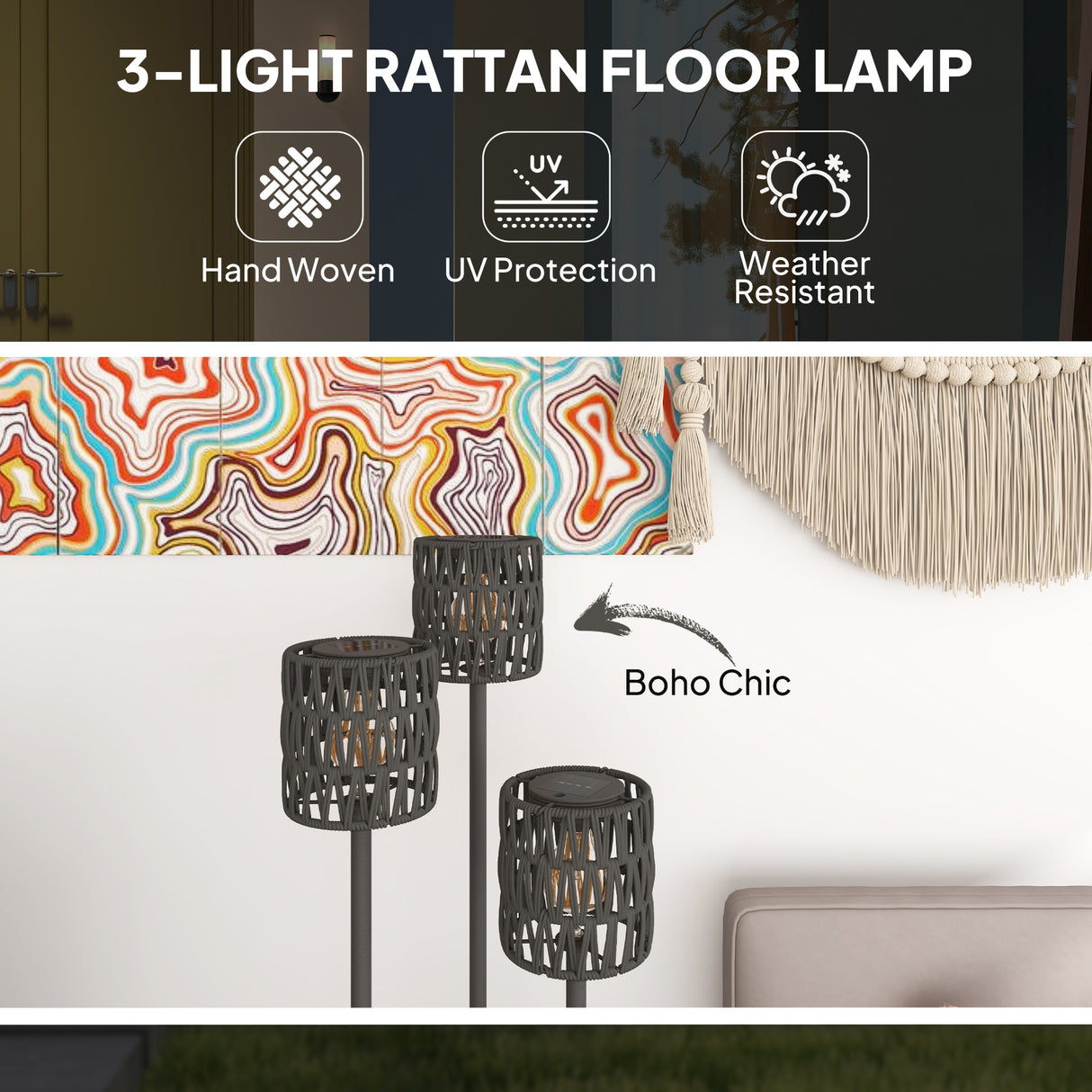 Steel Garden Floor Lamp Freestanding With 3-Lights And Shelf - Velmora