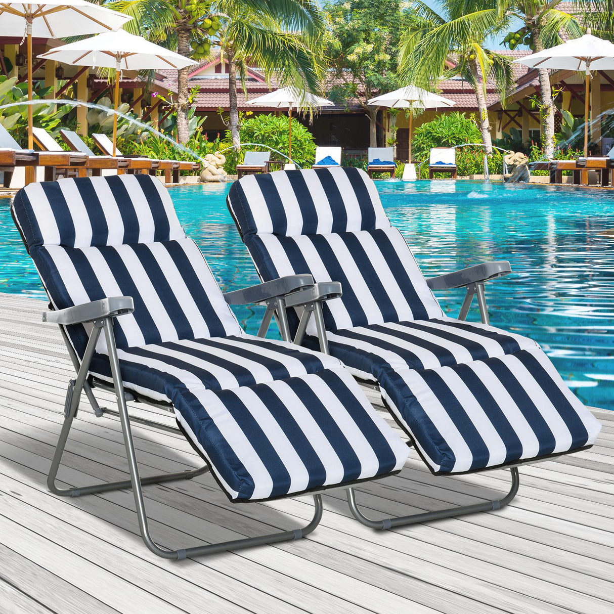 Steel Garden Sun Lounger in Set of 2 With Cushions With Adjustable Backrest - Velmora