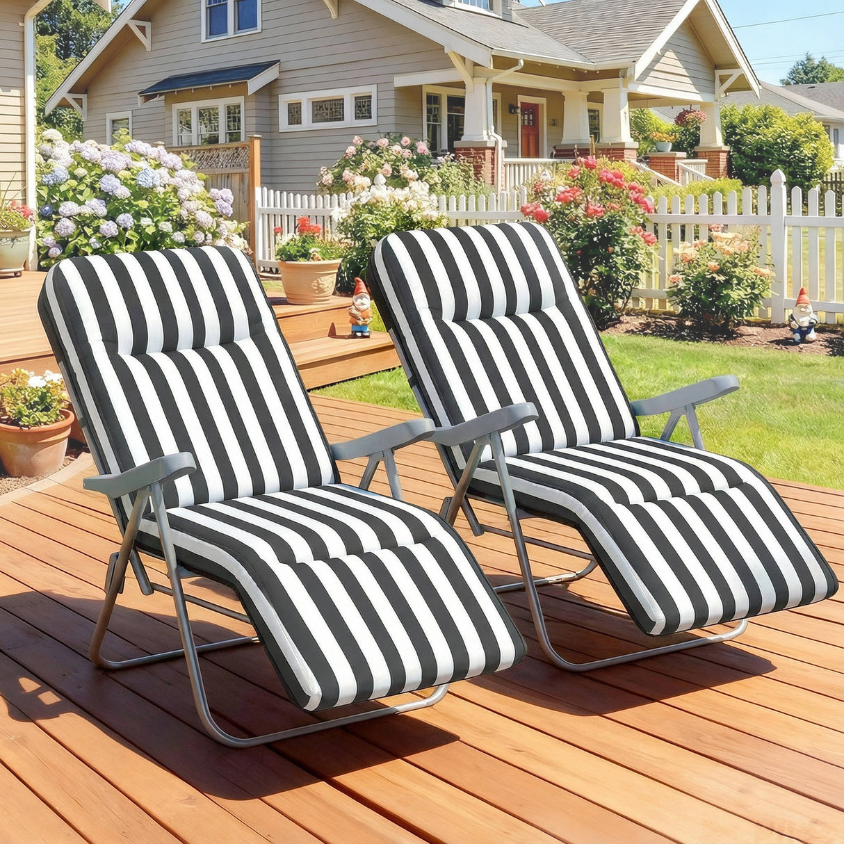 Steel Garden Sun Lounger in Set of 2 With Cushions With Adjustable Backrest - Velmora