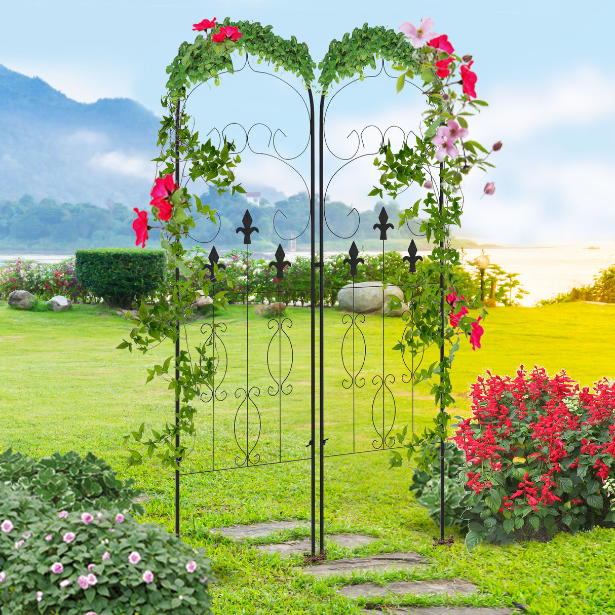 Steel Garden Trellis 50cm Wide in Set Of 2 Scrolls Design - Velmora