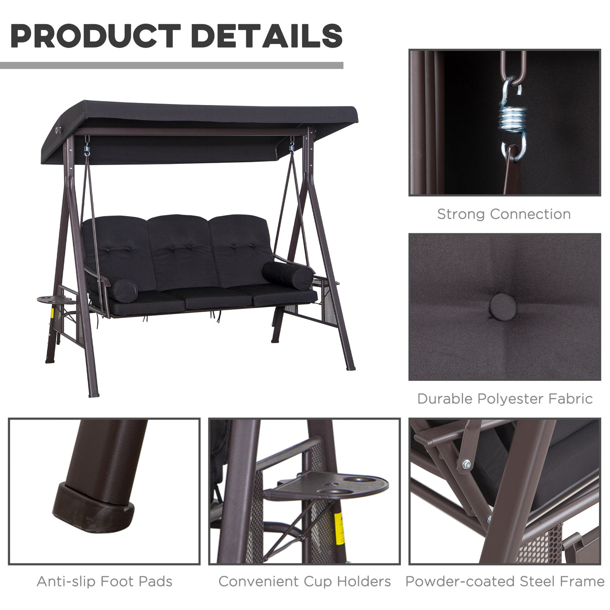 Steel Hammock 3 Seater Swing Chair With Canopy Cushion Shelter - Velmora