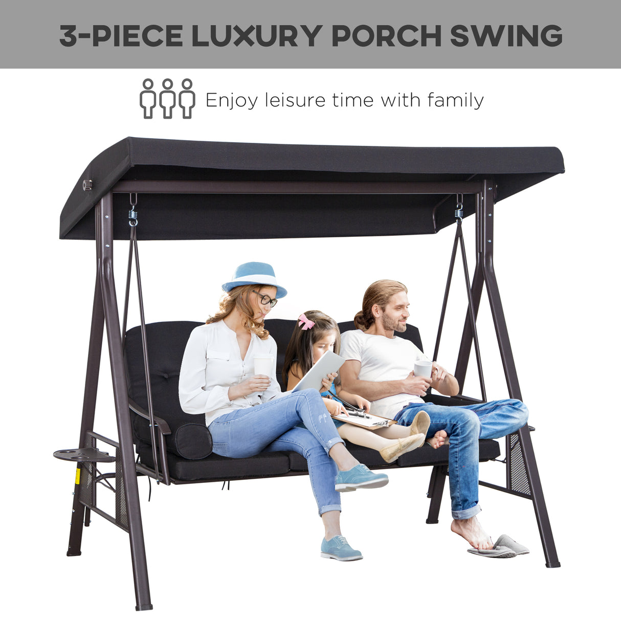 Steel Hammock 3 Seater Swing Chair With Canopy Cushion Shelter - Velmora