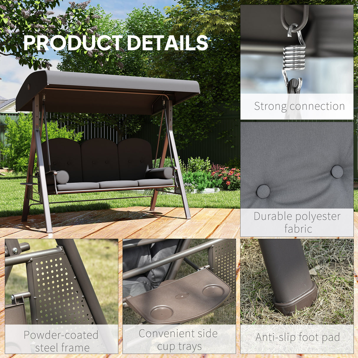 Steel Hammock 3 Seater Swing Chair With Canopy Cushion Shelter - Velmora