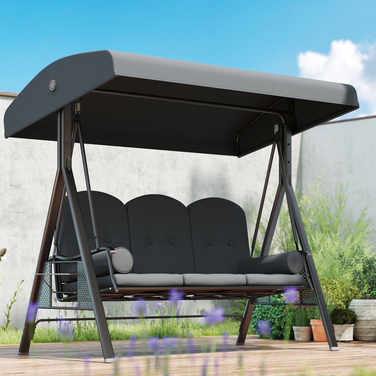 Steel Hammock 3 Seater Swing Chair With Canopy Cushion Shelter - Velmora