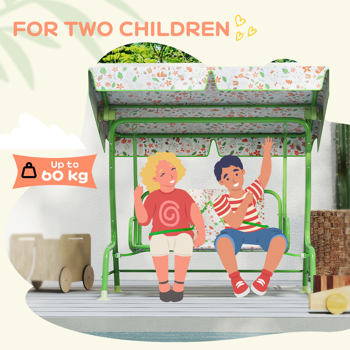 Steel Kids 2 Seater Garden Swing Chair With Adjustable Canopy And Safety Belt - Velmora