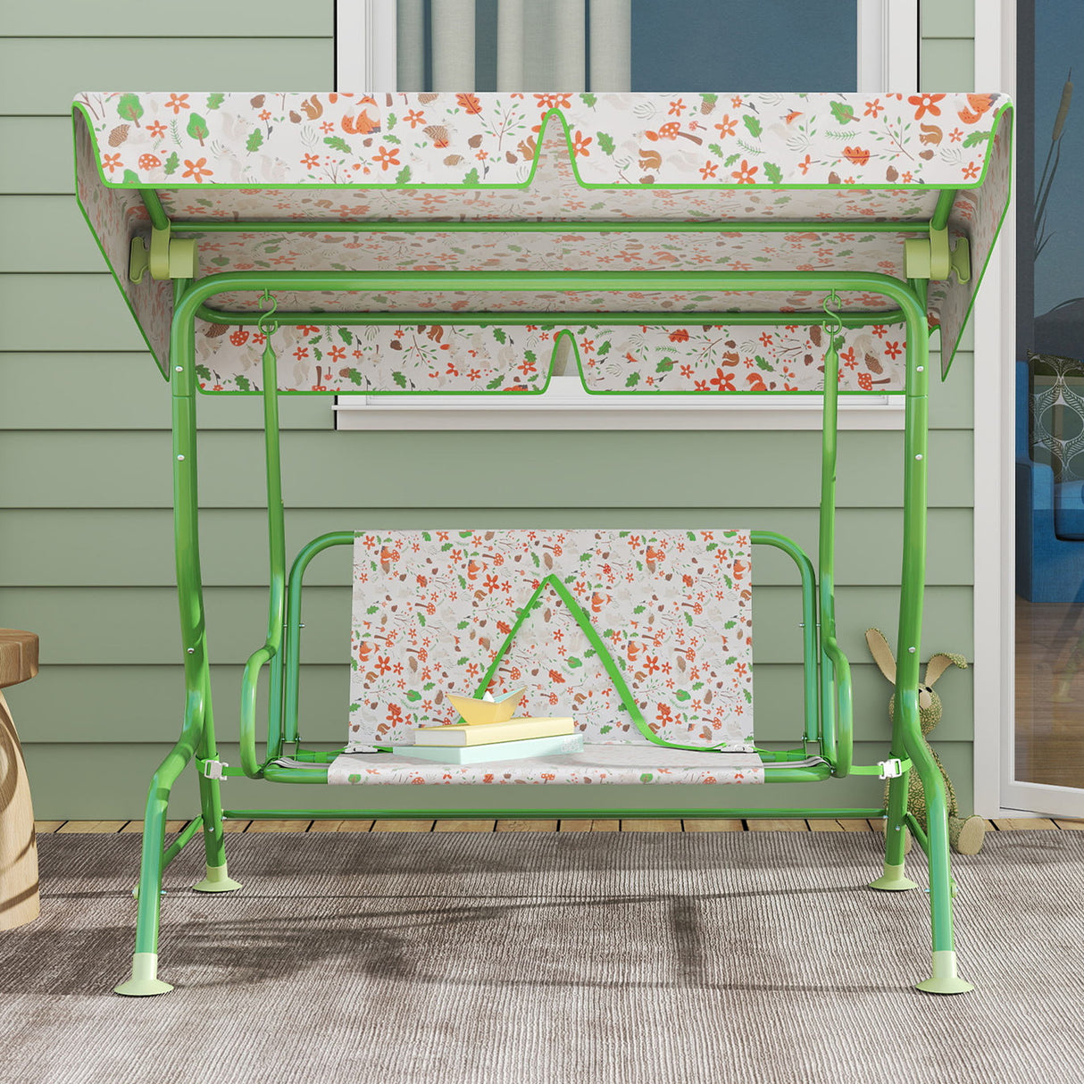 Steel Kids 2 Seater Garden Swing Chair With Adjustable Canopy And Safety Belt - Velmora