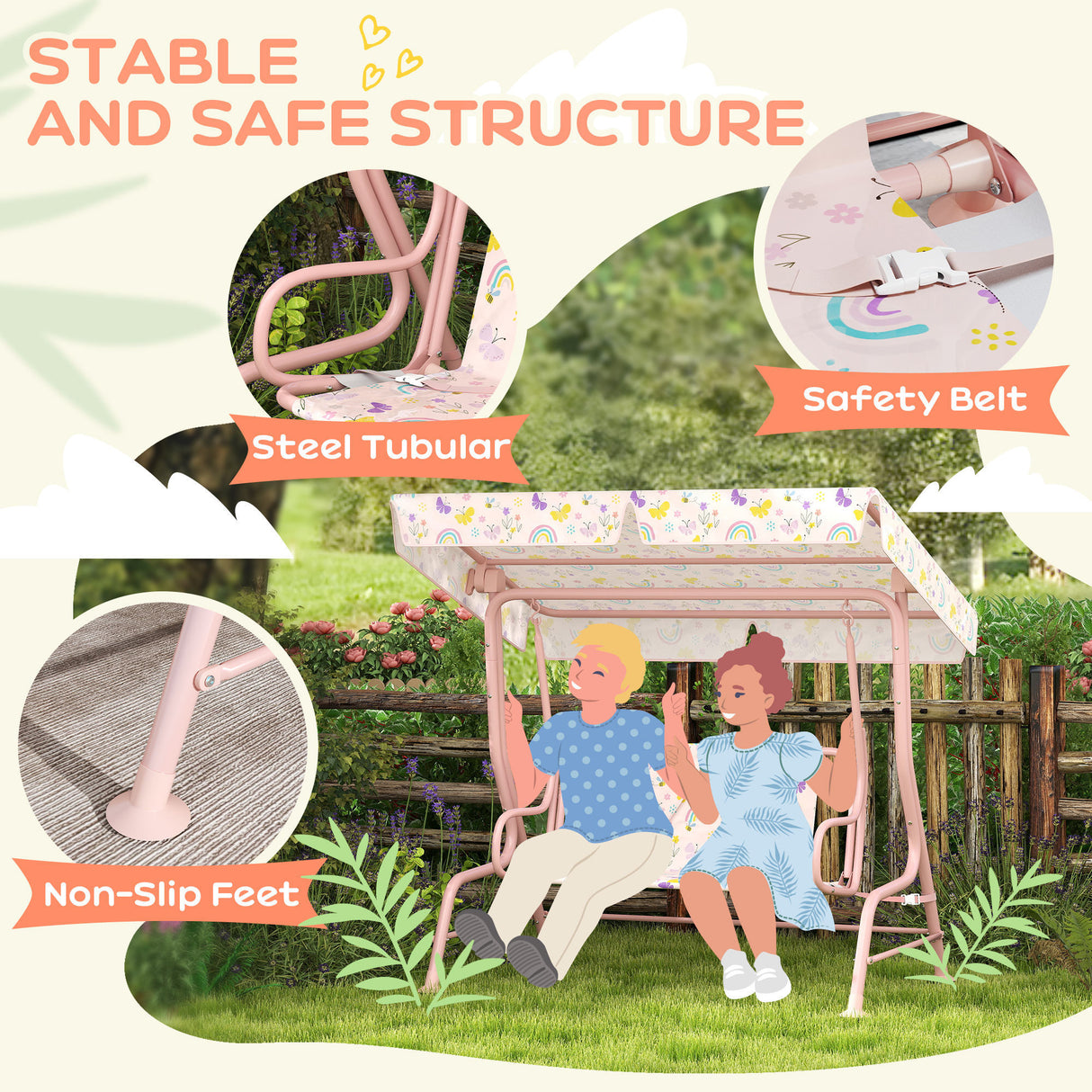 Steel Kids 2 Seater Garden Swing Chair With Adjustable Canopy And Safety Belt - Velmora