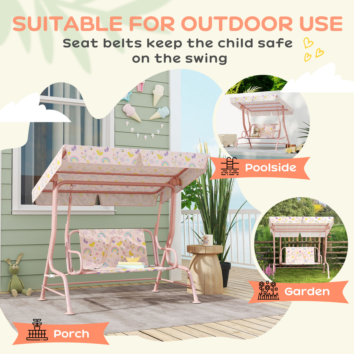 Steel Kids 2 Seater Garden Swing Chair With Adjustable Canopy And Safety Belt - Velmora