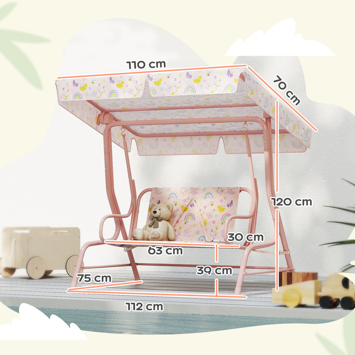Steel Kids 2 Seater Garden Swing Chair With Adjustable Canopy And Safety Belt - Velmora