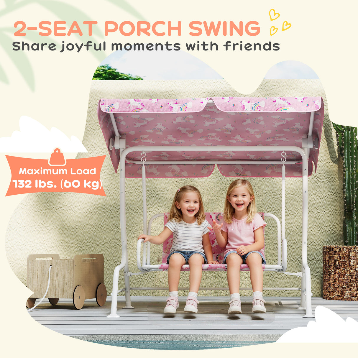 Steel Kids 2 Seater Garden Swing Chair With Adjustable Canopy And Safety Belt - Velmora