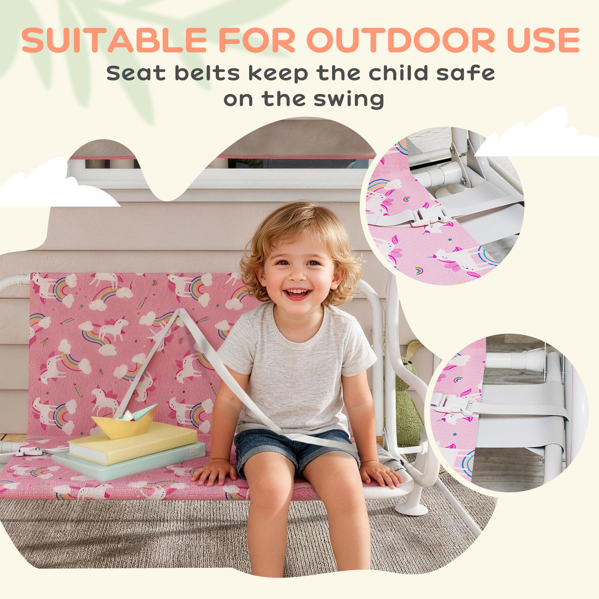 Steel Kids 2 Seater Garden Swing Chair With Adjustable Canopy And Safety Belt - Velmora