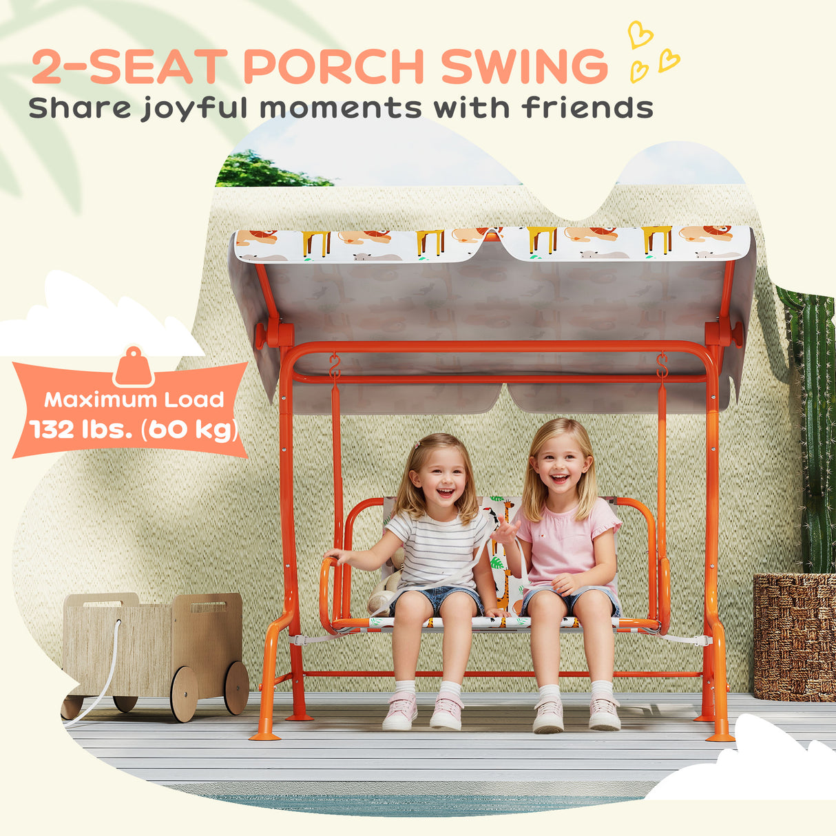 Steel Kids 2 Seater Garden Swing Chair With Adjustable Canopy And Safety Belt - Velmora