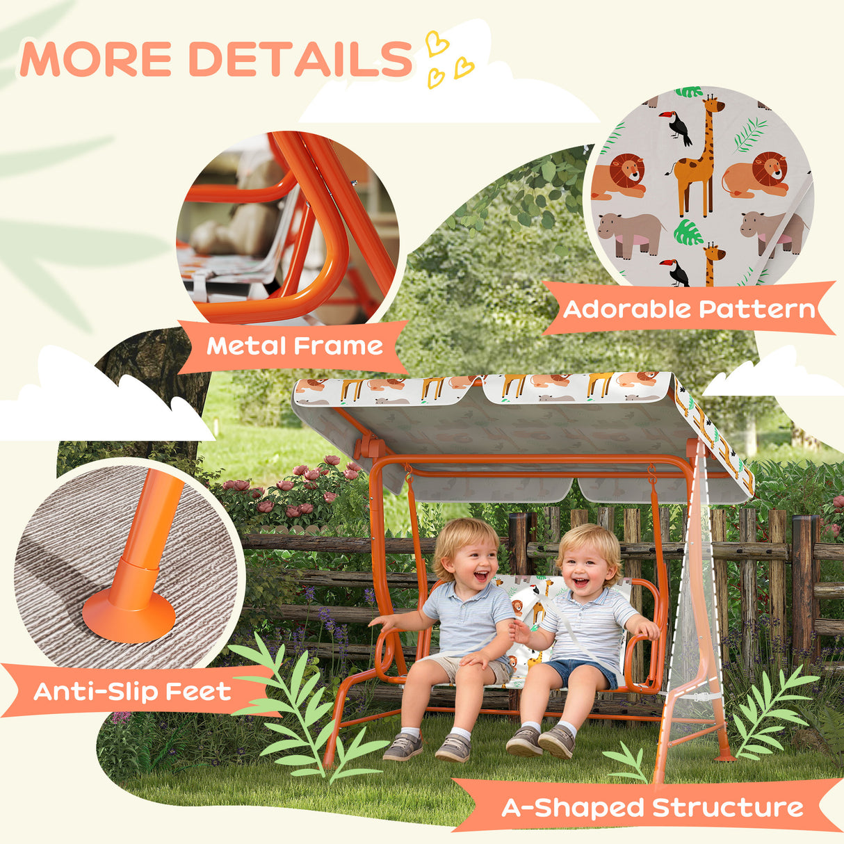 Steel Kids 2 Seater Garden Swing Chair With Adjustable Canopy And Safety Belt - Velmora