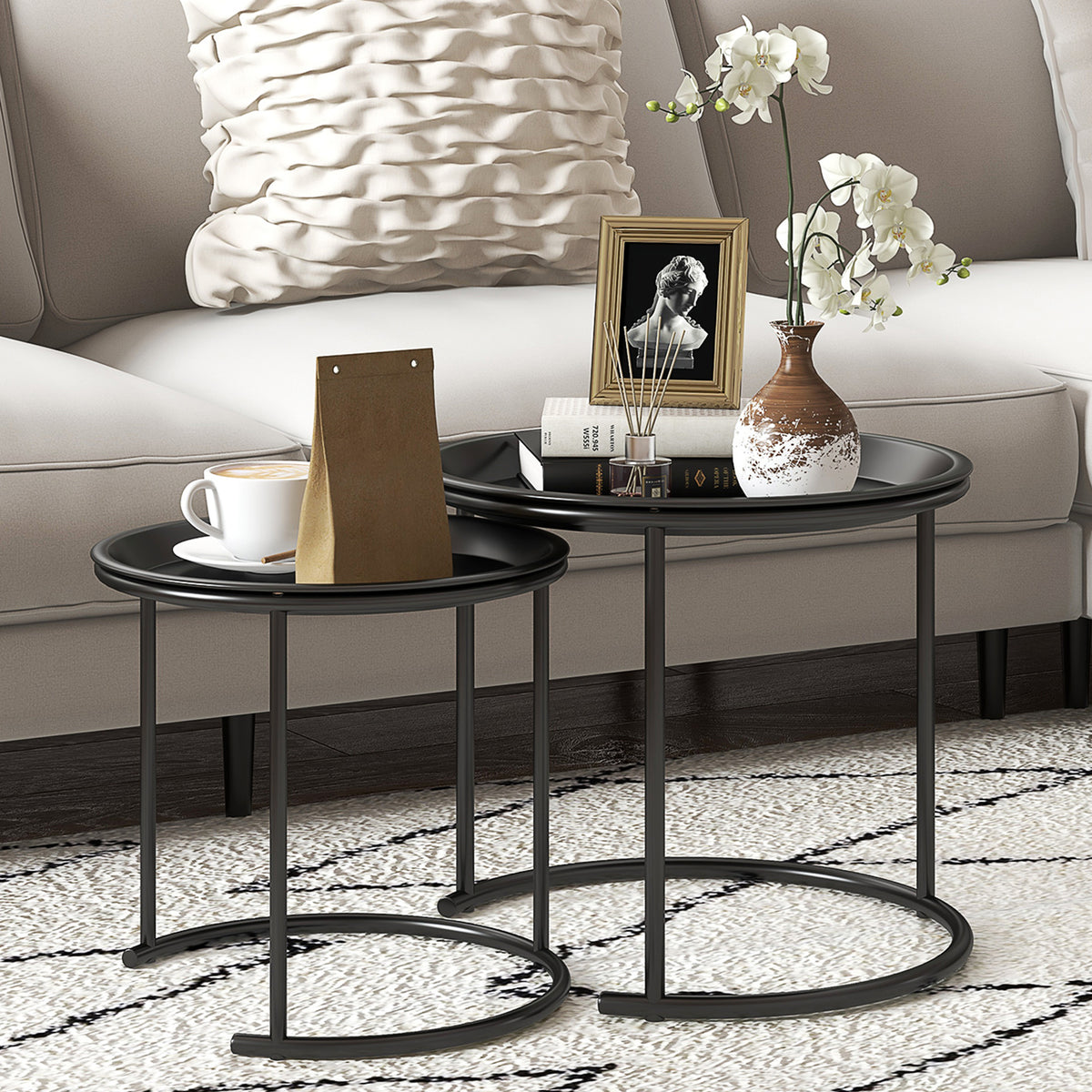 Steel Nesting Side Tables Set of 2 with Removable Tray Top - Velmora ...