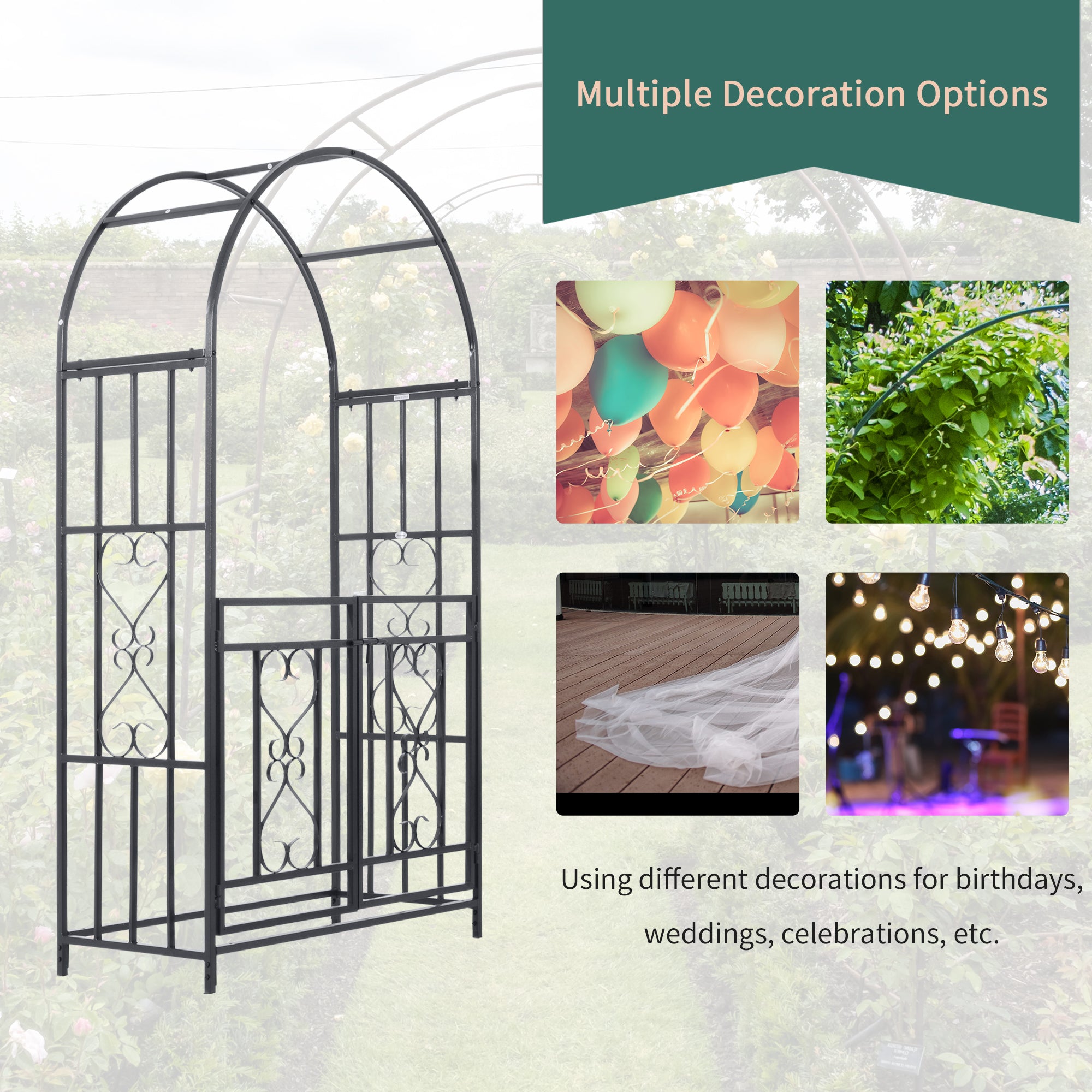 Steel Outdoor Garden Arch Trellis With Gate 206cm High - Velmora