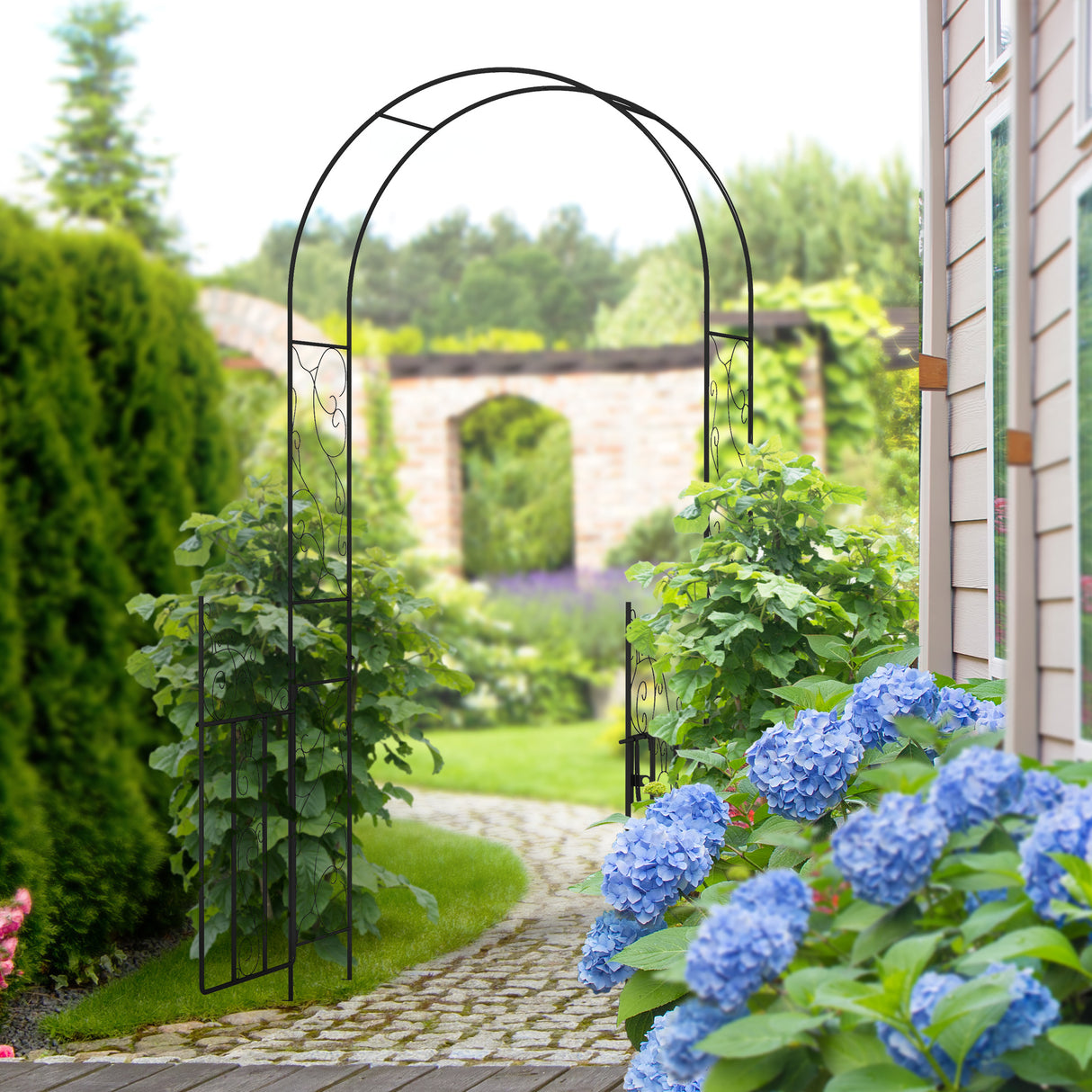 Steel Outdoor Garden Arch Trellis With Gate 227cm High - Velmora