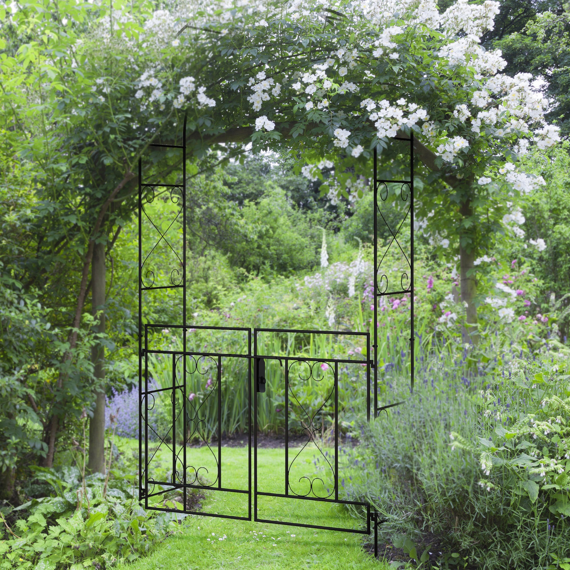 Steel Outdoor Garden Arch Trellis With Gate 232cm High - Velmora