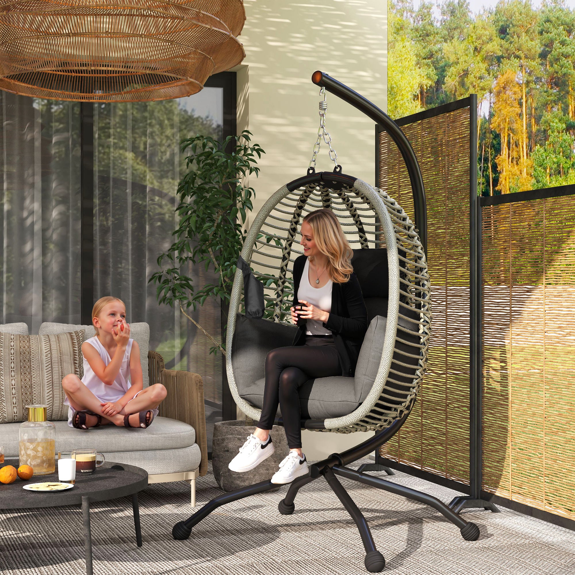 Steel Outdoor Swing Chair With Metal Stand And Thick Padded Cushion - Velmora