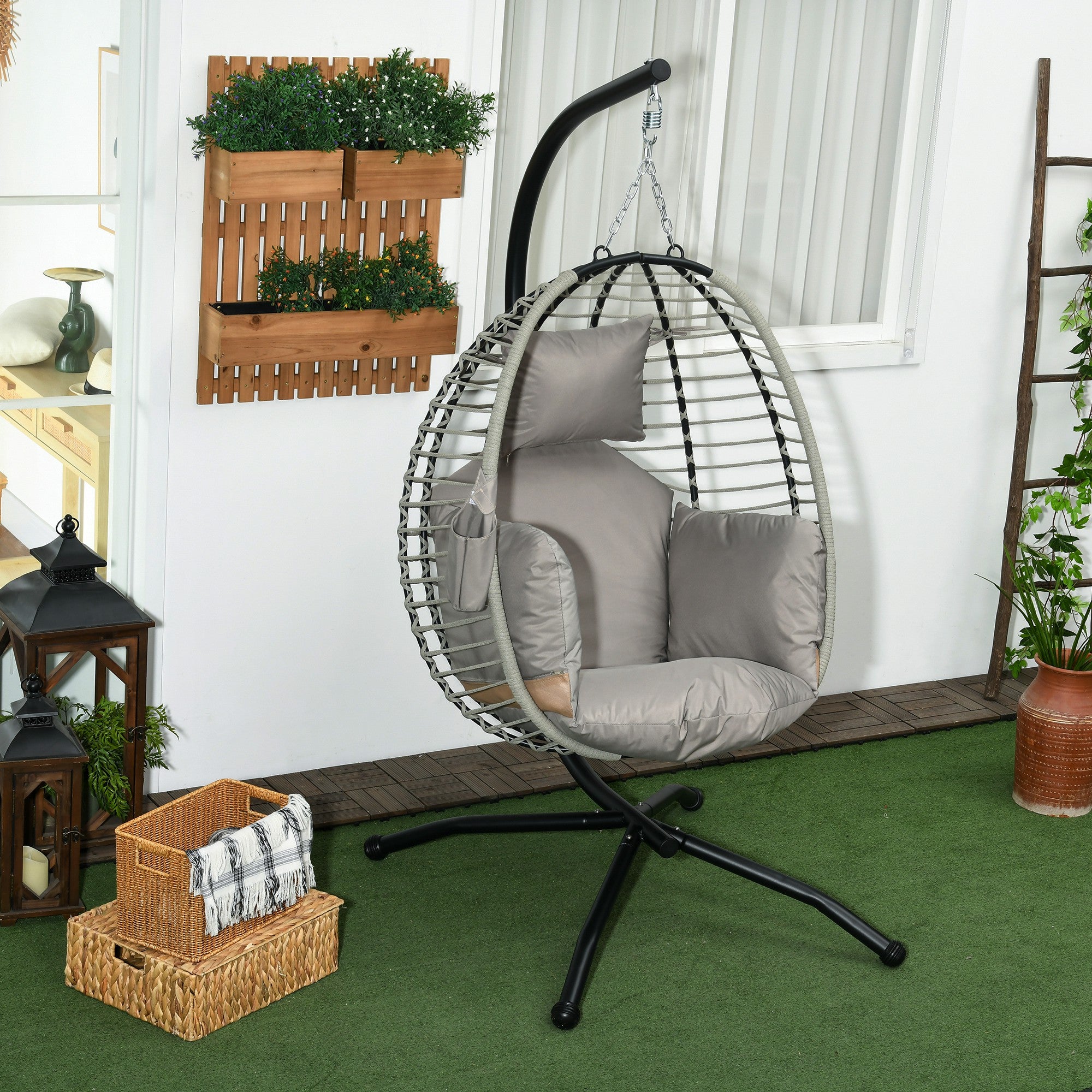 Steel Outdoor Swing Chair With Metal Stand And Thick Padded Cushion - Velmora