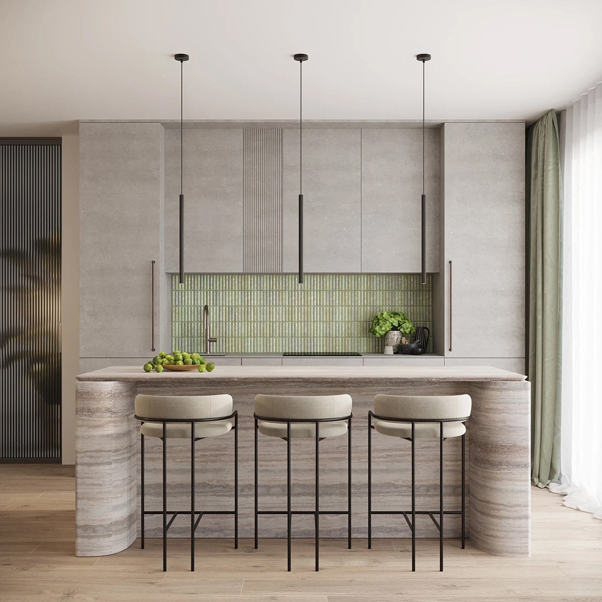 Steel Pendant Light With Arche 3P Lamp - Ocean Green