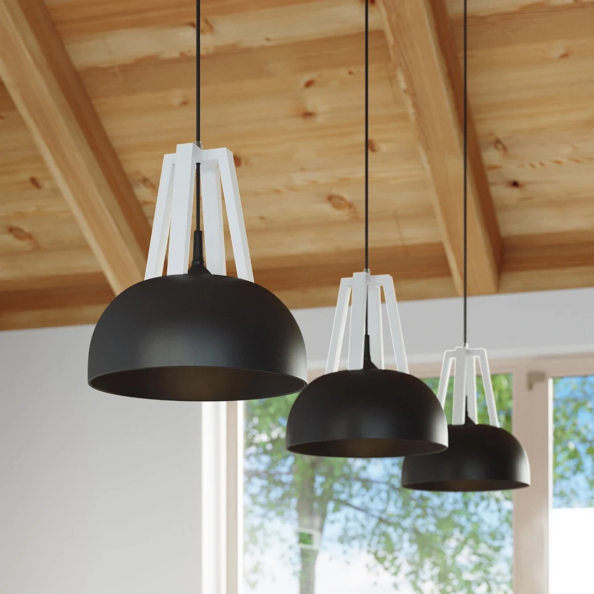 Steel Pendant Light With Casco Black Round Wooden Lamp - Peach Puff