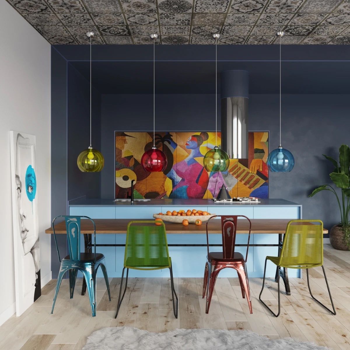 Steel Pendant Light With Red Glass Ball Globe Lamp - French Sky