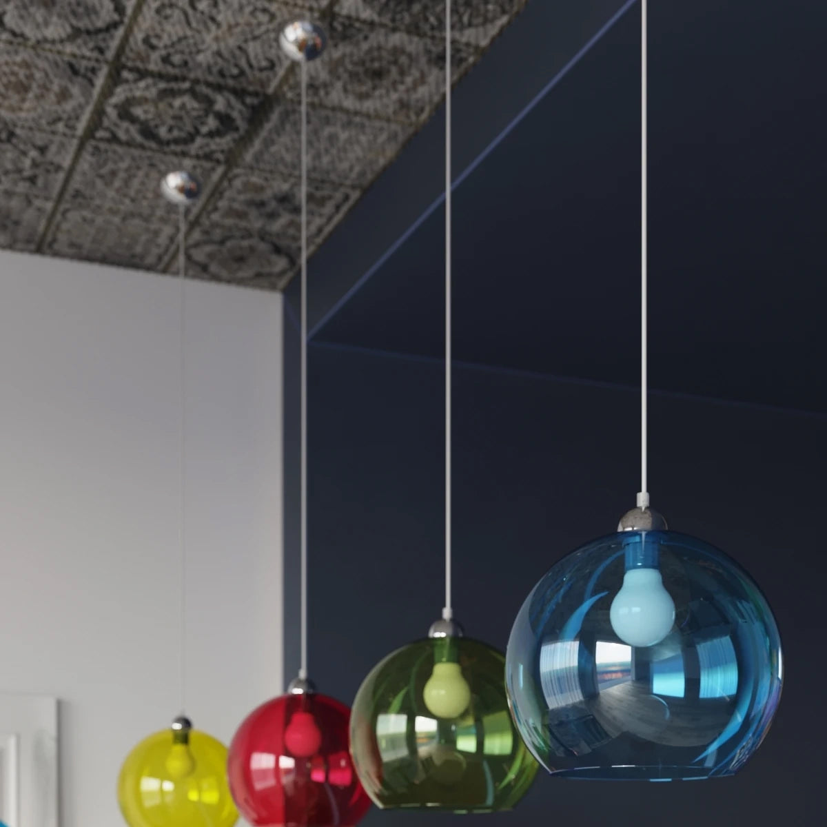 Steel Pendant Light With Red Glass Ball Globe Lamp - French Sky