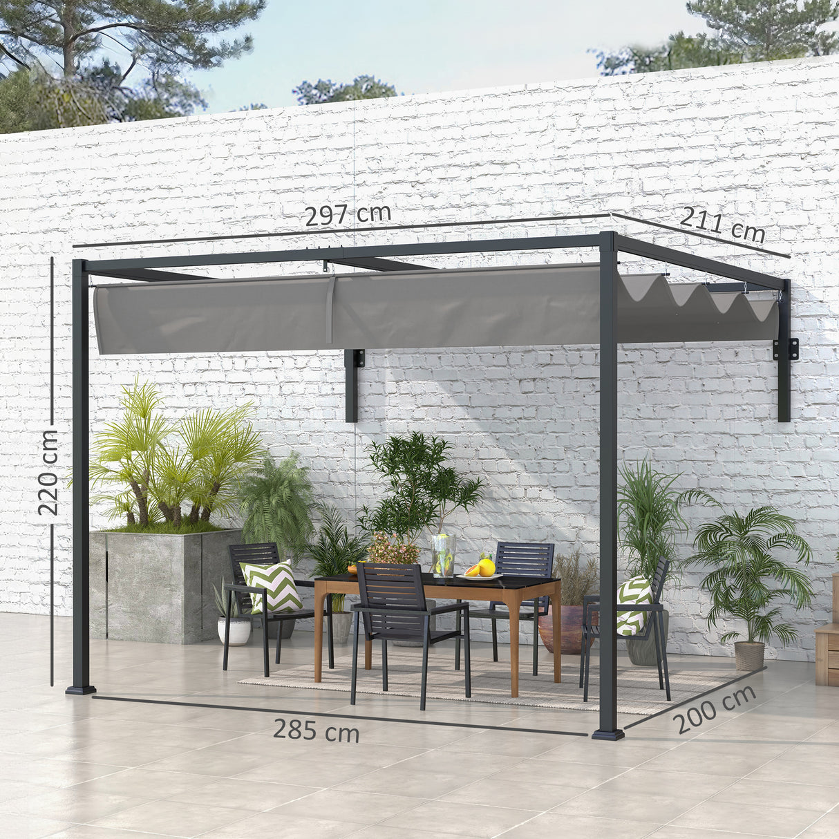 Steel Pergola With Retractable Canopy 297cm Width x 211cm Depth - Velmora