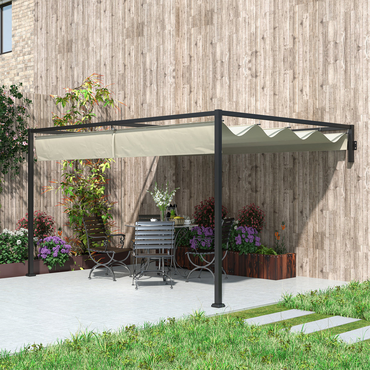 Steel Pergola With Retractable Canopy 397cm Width x 297cm Depth - Velmora
