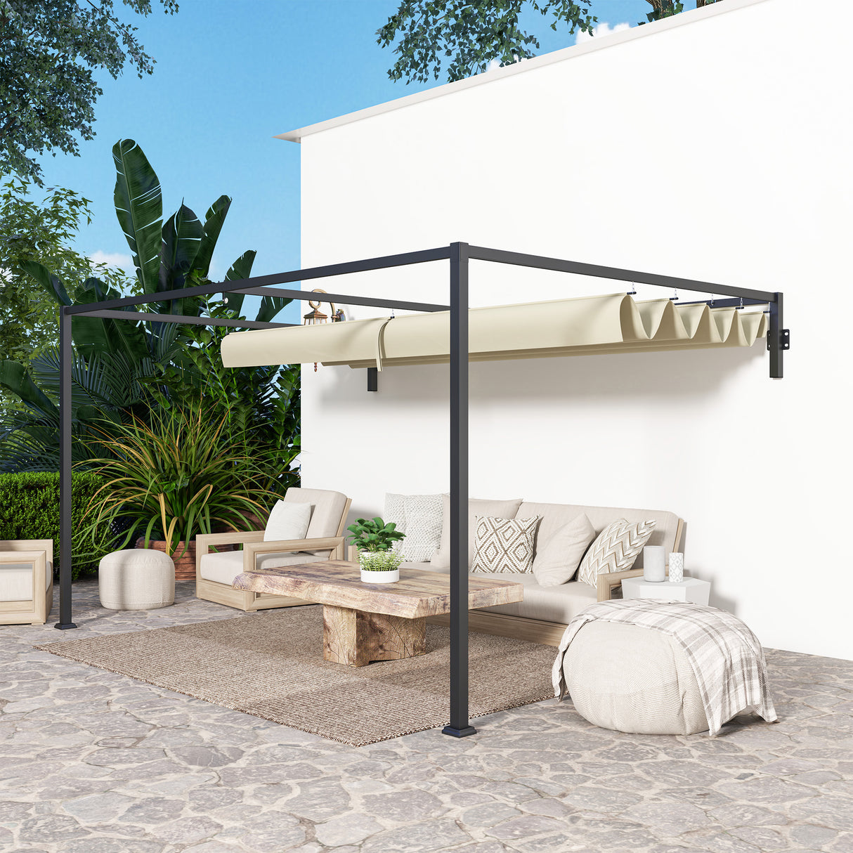Steel Pergola With Retractable Canopy 397cm Width x 297cm Depth - Velmora