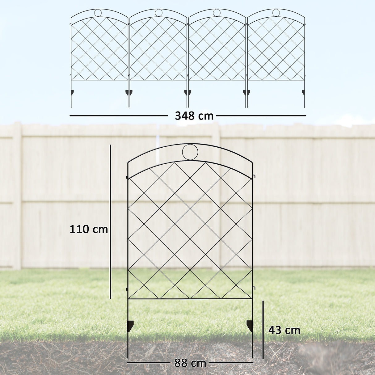 Steel Picket Garden Fence Panels 348cm Wide in Set Of 4 - Velmora