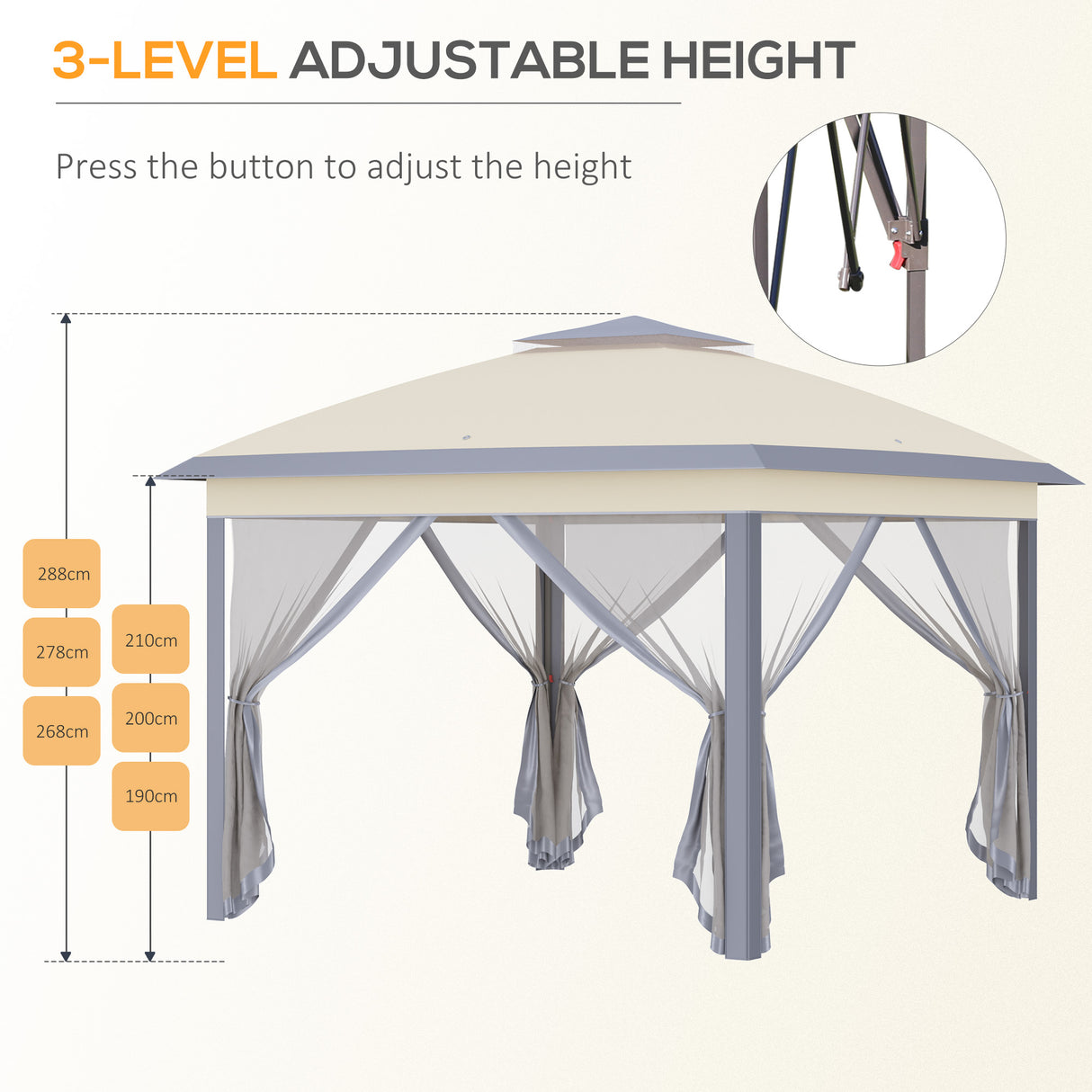 Steel Pop Up Gazebo Height Adjustable Shelter 326cm Width x 326cm Depth - Velmora