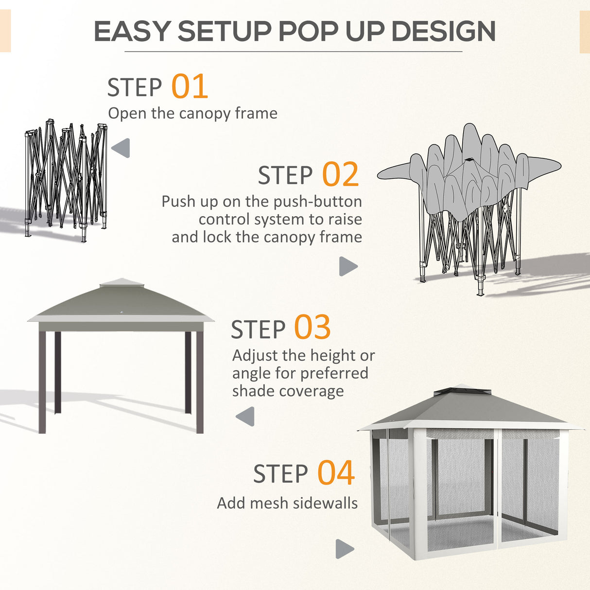 Steel Pop Up Gazebo Height Adjustable Shelter 326cm Width x 326cm Depth - Velmora