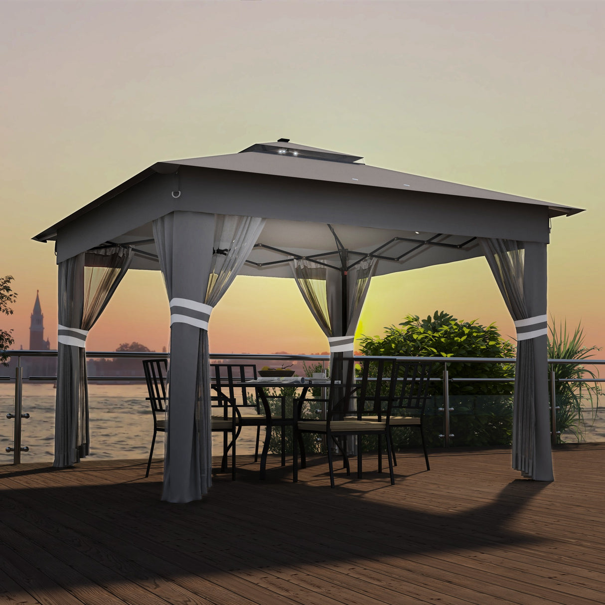 Steel Pop Up Gazebo Party Tent 336cm Width x 336cm Depth With Solar Powered LED Lights - Velmora