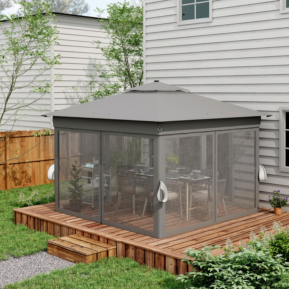 Steel Pop Up Gazebo Party Tent 336cm Width x 336cm Depth With Solar Powered LED Lights - Velmora