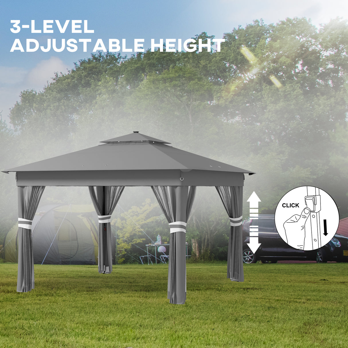 Steel Pop Up Gazebo Party Tent 336cm Width x 336cm Depth With Solar Powered LED Lights - Velmora