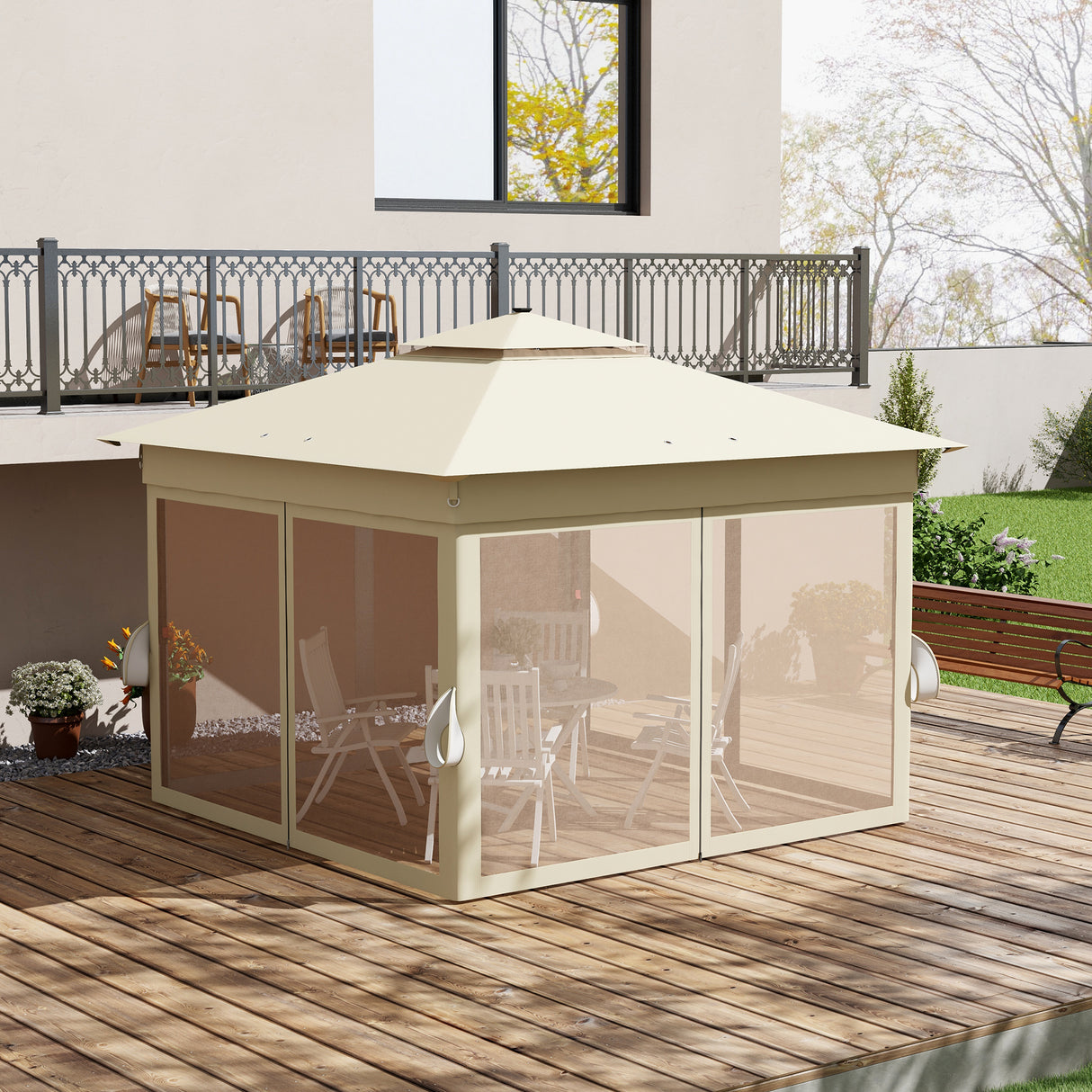Steel Pop Up Gazebo Party Tent 336cm Width x 336cm Depth With Solar Powered LED Lights - Velmora