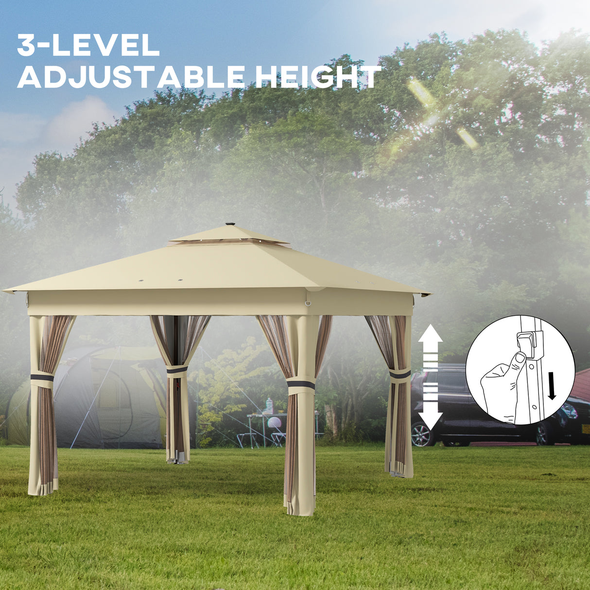 Steel Pop Up Gazebo Party Tent 336cm Width x 336cm Depth With Solar Powered LED Lights - Velmora