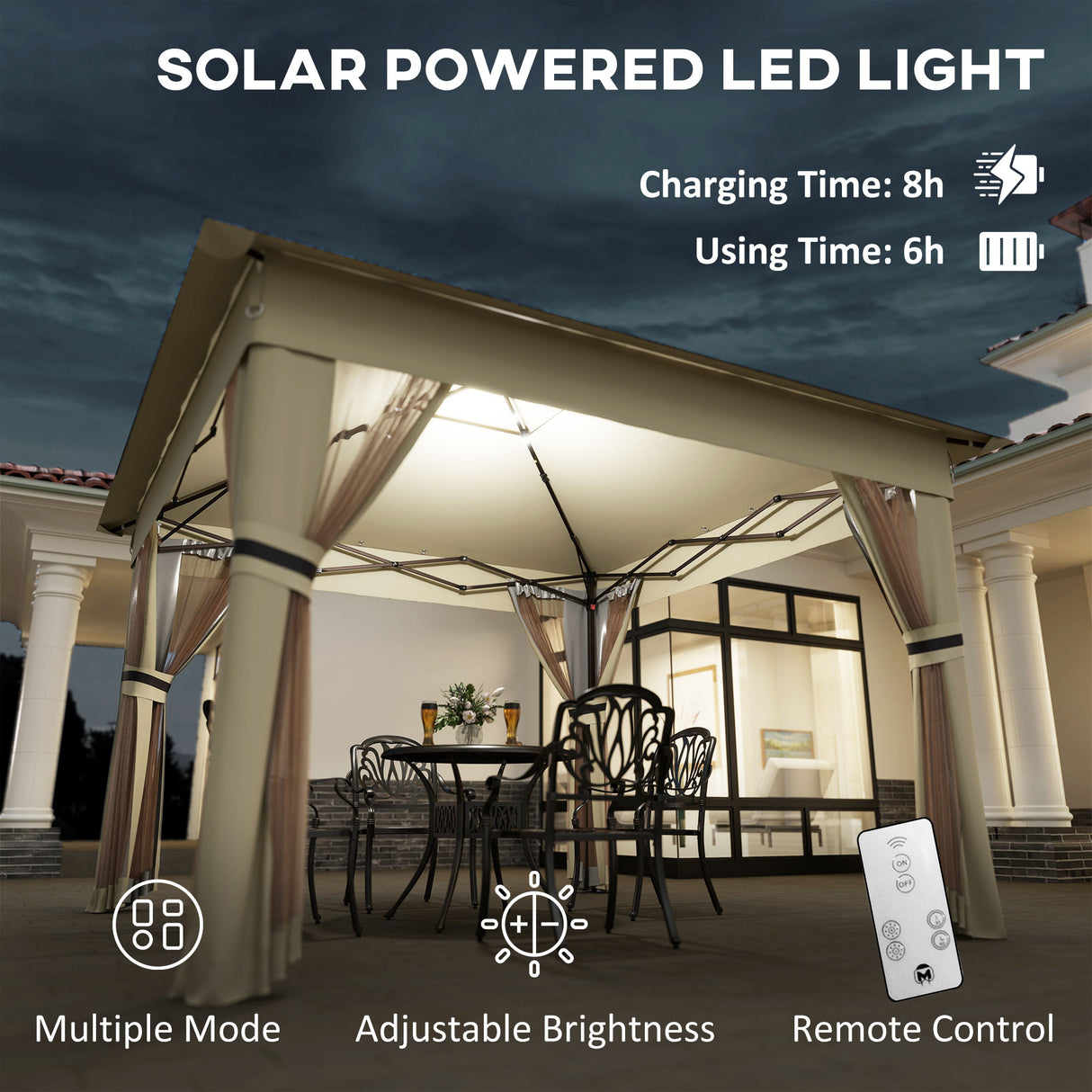 Steel Pop Up Gazebo Party Tent 336cm Width x 336cm Depth With Solar Powered LED Lights - Velmora